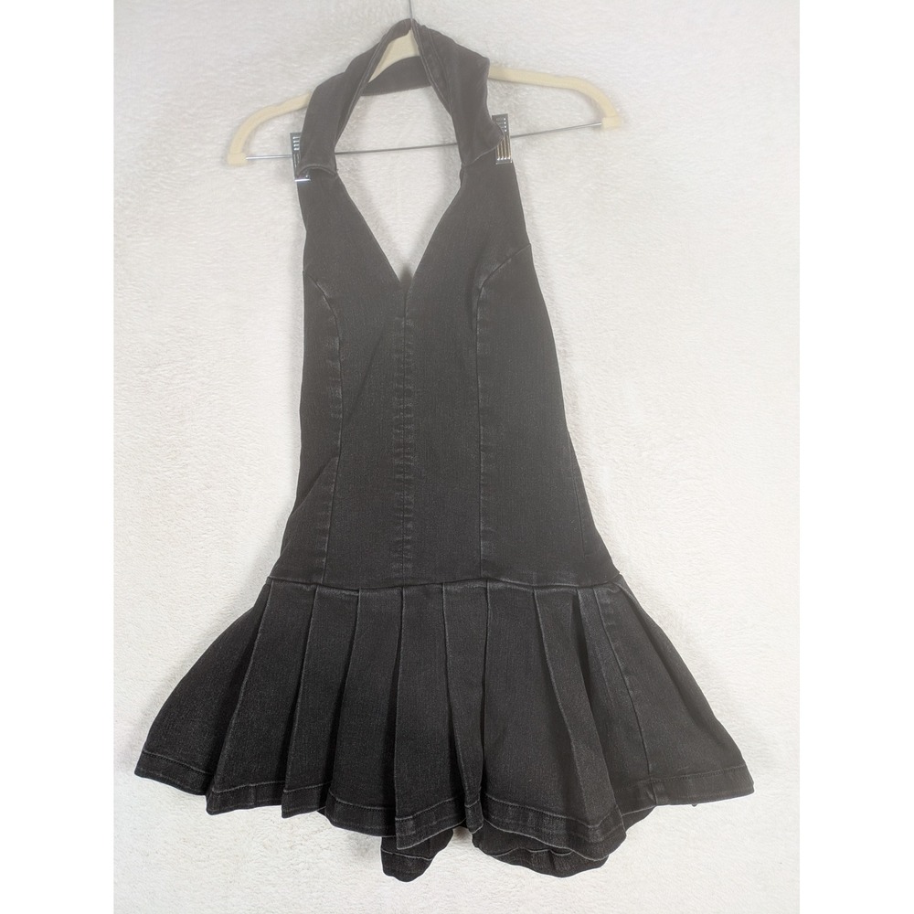 Love Fire Dress Women's Small Black Halter V-Neck Pleated Denim